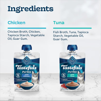 Blue Buffalo Tastefuls Purées Variety Pack, Natural Cat Food Complement, Resealable Twist Cap Pouches, Chicken and Tuna, 3-oz (12 Count, 6 of Each Flavor)