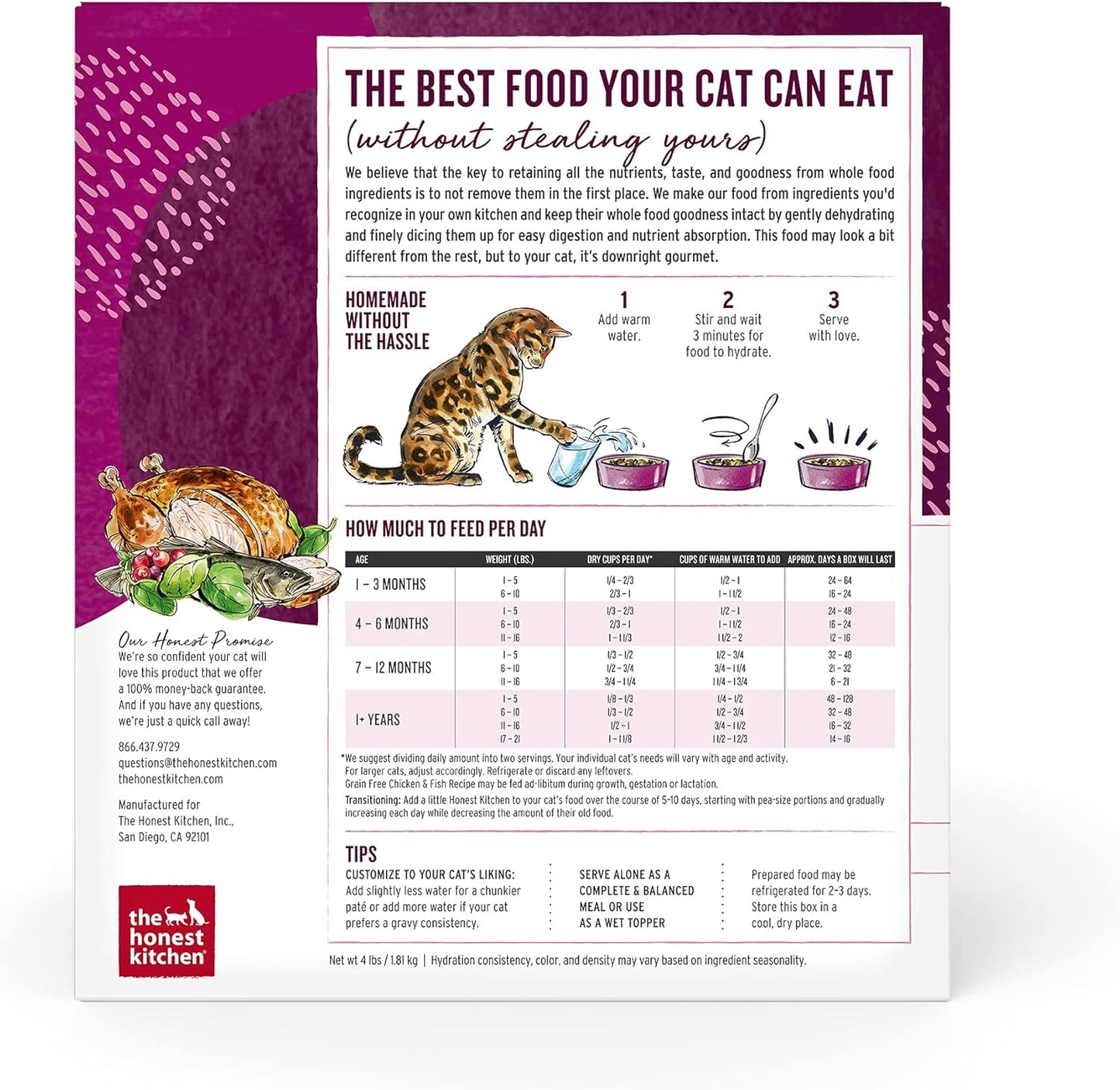 The Honest Kitchen Human Grade Dehydrated Grain Free Chicken & Fish Cat Food - Complete & Balanced Meal or Topper - 4 lb Box
