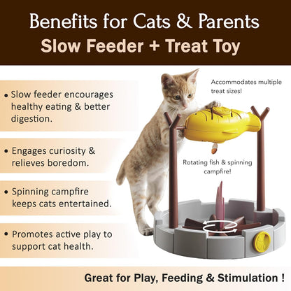 PetPals 11" High Cats Treat-Dispensing Slow Feeder,Pets Dry Food Dispenser,Cats Slow Feeding Snack Bowl, Grilled Fish Spinning Toy, Food Puzzle Cat Toy