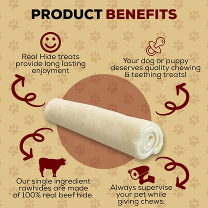 | All Natural Dog Chew Treats - Premium Rawhide Rolls, 9-10 Inch - Long Lasting Grass Fed Free Range Beef Hide - Medium/Large Dogs - 4 Count