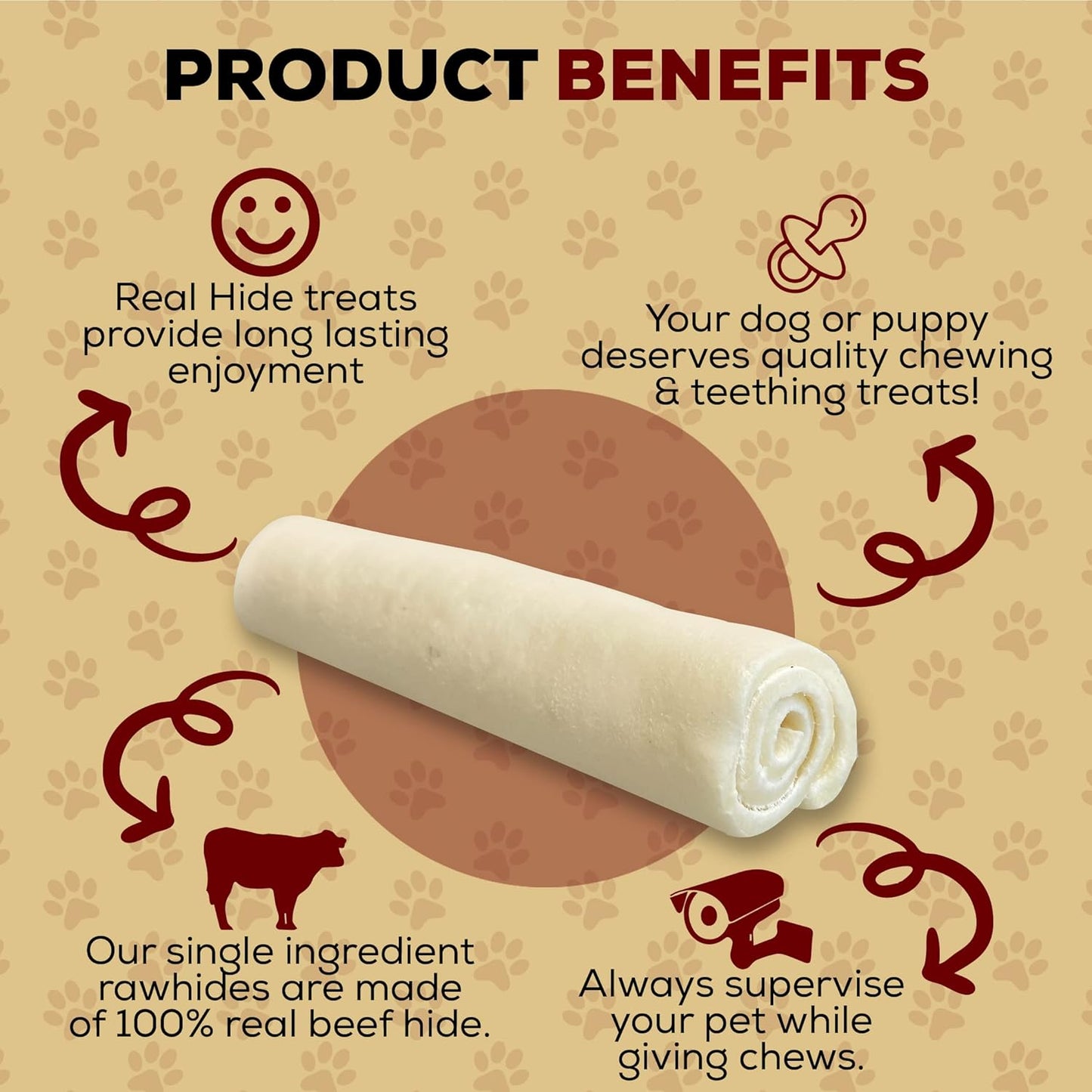 | All Natural Dog Chew Treats - Premium Rawhide Rolls, 9-10 Inch - Long Lasting Grass Fed Free Range Beef Hide - Medium/Large Dogs - 4 Count
