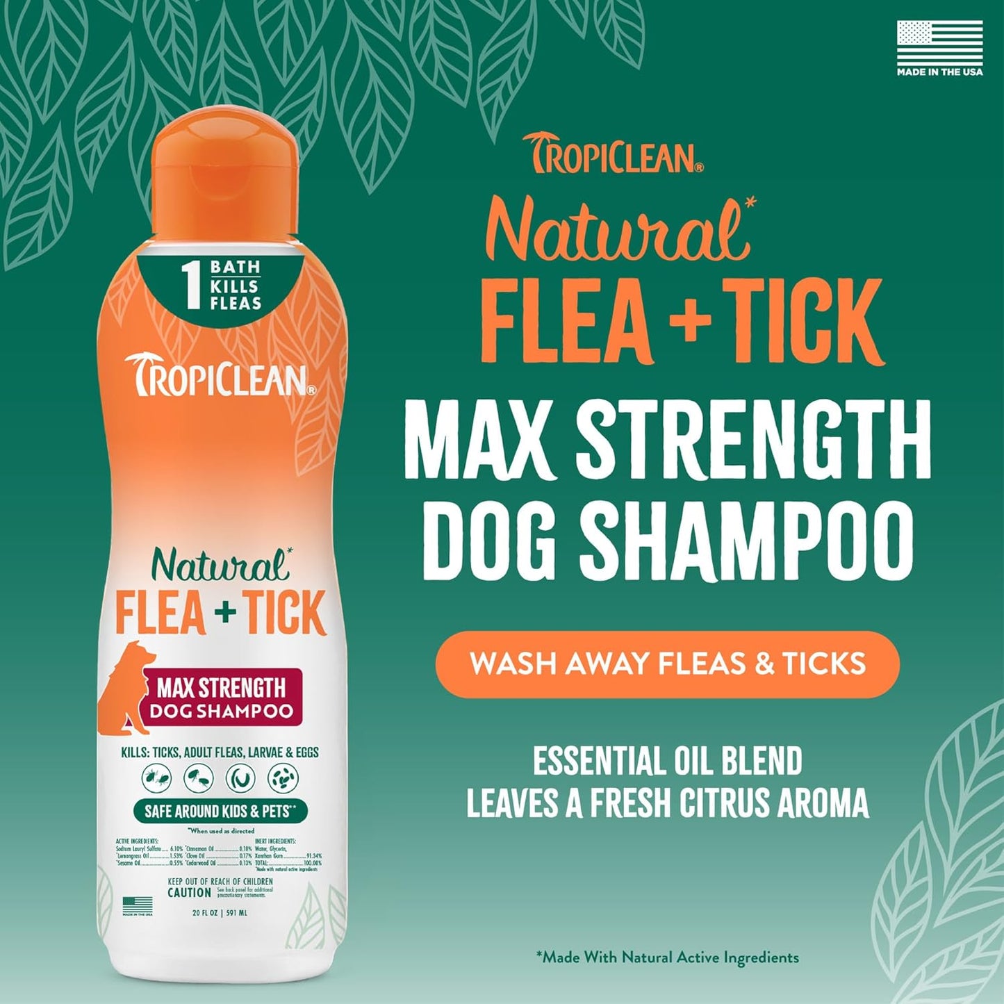 TropiClean Max Strength Flea and Tick Shampoo Treatment for Dogs, Powerful & Natural Defense, Prevention for Large & Small Dogs, Made in USA, 20oz
