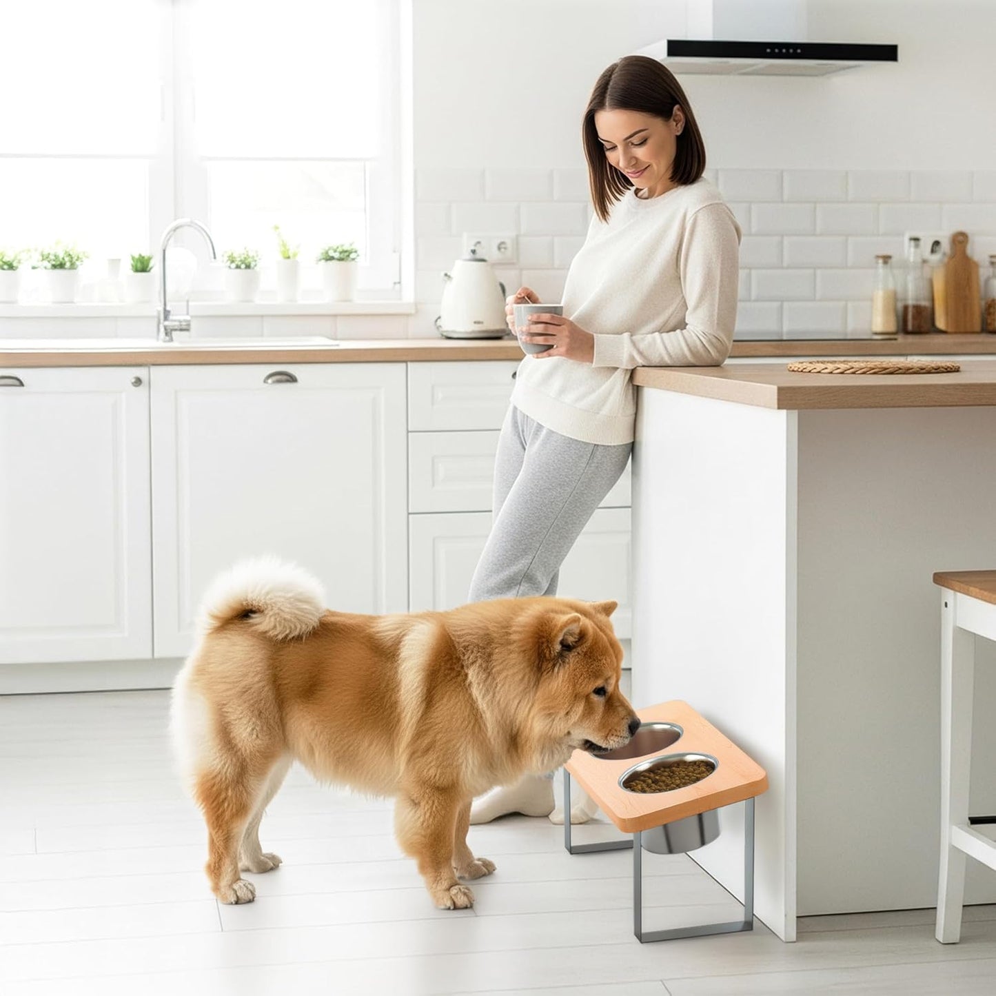 15.9" Tall Elevated Dog Bowls - Ergonomic Stainless Steel Dog Bowls with 10° Tilt in Acacia Wood Stand for Medium Breed