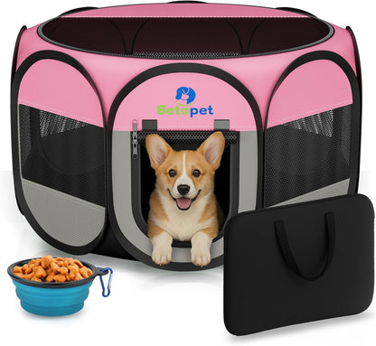 Playpen for Small Dogs Cats Crate: Puppy Play Pen Indoor Outdoor Foldable Potable Exercise Cage Pop up Kennel for Guinea Pig Rabbits Hamster Travel with Carrying Case & Food Bowl (Pink, L, 1)