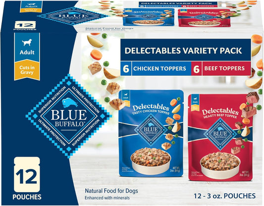 Blue Buffalo Delectables Natural Wet Dog Food Toppers Variety Pack, Tasty Chicken & Hearty Beef, Cuts in Gravy, 3-oz. (12 Pouches, 6 of Each Flavor)