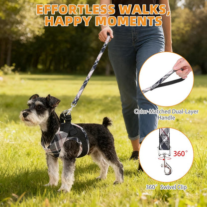 KOOLTAIL Small Dog Harness and Leash Set, Step in No Pull Soft Mesh Padded Pet Vest Harness Collar for Small Size Dogs Cats Boy Girl, Breathable & Lightweight Plaid Puppy Harness, Beige S
