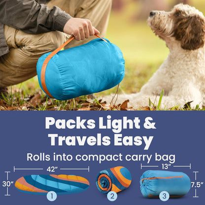 rubyloo Dog Mom Bundle - Puffer Tote with Storage Containers (Black) and Foldable Travel Bed (Sunset Surf Teal) - Travel Bag and Cozy Mat Set