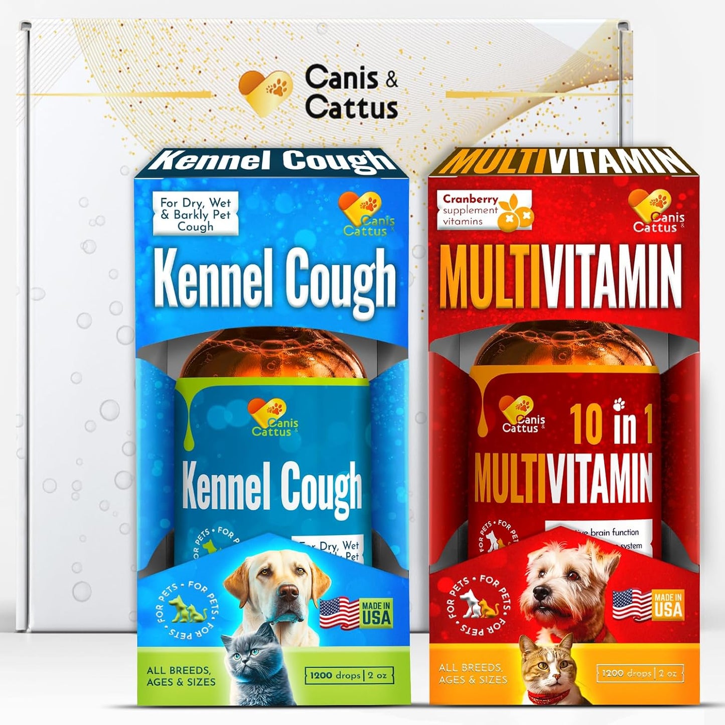 Liquid Dog Vitamins for All Pets – Bundle of Cat & Dog Multivitamin– Vitamin C, D & B – Kidney, Liver & HIPS – Helps with Cough & Breathing – All Breeds Care – 2 Bottle Set