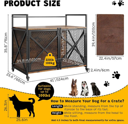 41'' Heavy Duty Dog Crate Furniture with Lockable Wheels, Decorative Wooden Dog Cage End Table, Double Door Indoor Pet Kennel with Cushion for Small, Medium & Large Dogs Up to 100 Lbs