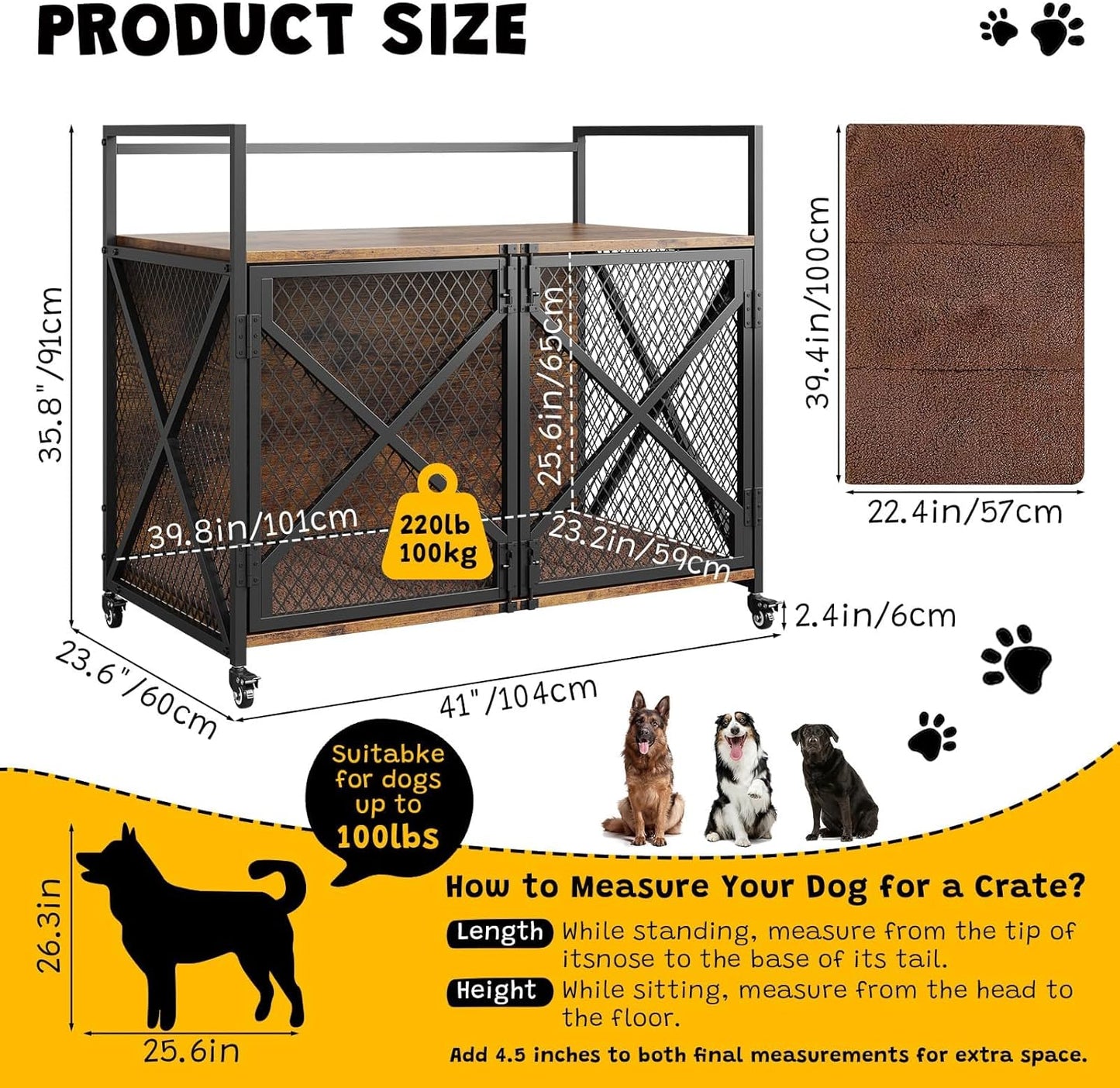 41'' Heavy Duty Dog Crate Furniture with Lockable Wheels, Decorative Wooden Dog Cage End Table, Double Door Indoor Pet Kennel with Cushion for Small, Medium & Large Dogs Up to 100 Lbs