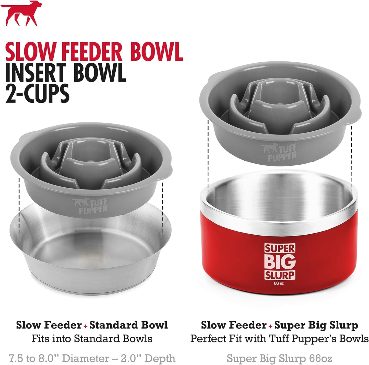 Tuff Pupper Slow Feeder Insert Bowl | Puzzle Maze Slows Down Eating | Elevated Feeder Tray Bowls | Standalone Dog Bowl | Pet Bowls Insert | Easy Clean Dishwasher Safe (2 Cups - Fits 7.5-8 Inch Hole)