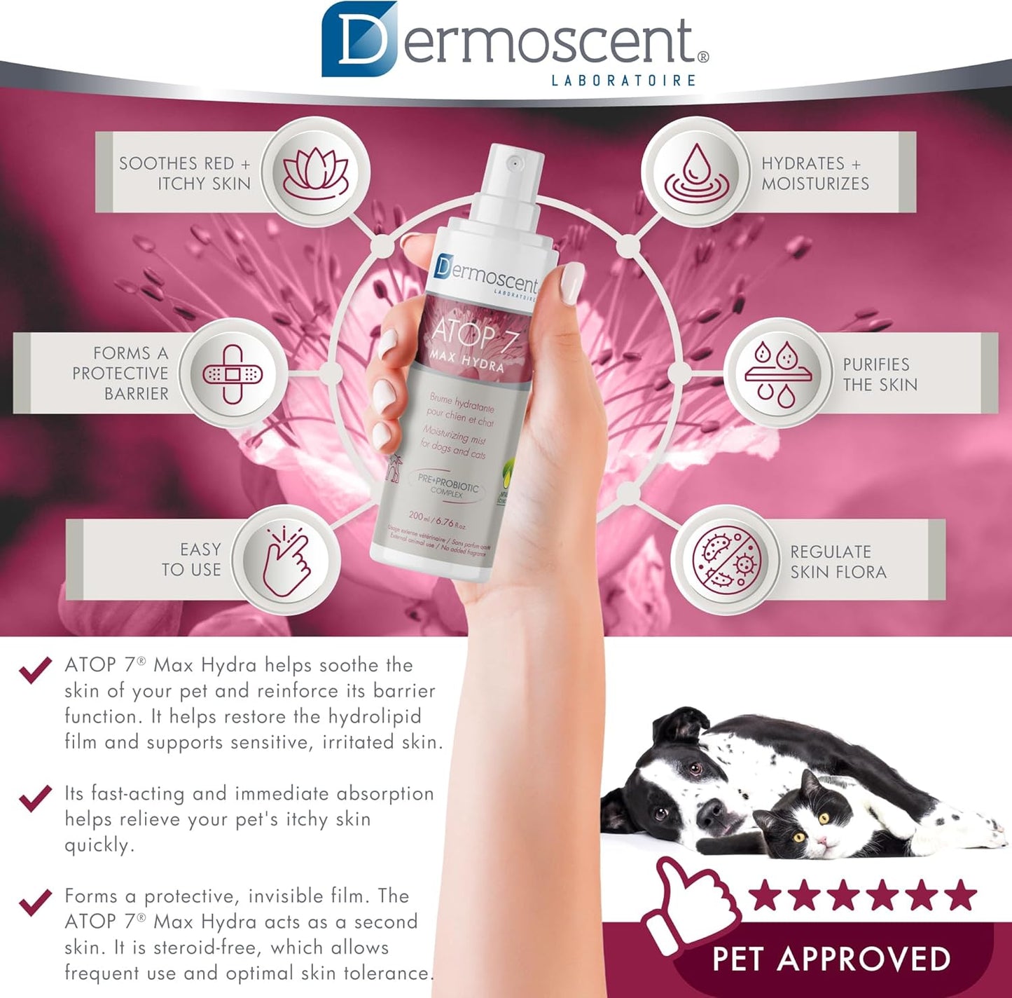 Dermoscent ATOP 7 Max Hydra Spray for Pets | Natural Hydrating Mist with Pre & Probiotic Complex for Dry, Allergy & Atopy-Prone Skin Relieves Skin Dryness & Protects Cutaneous Barrier Non-Greasy