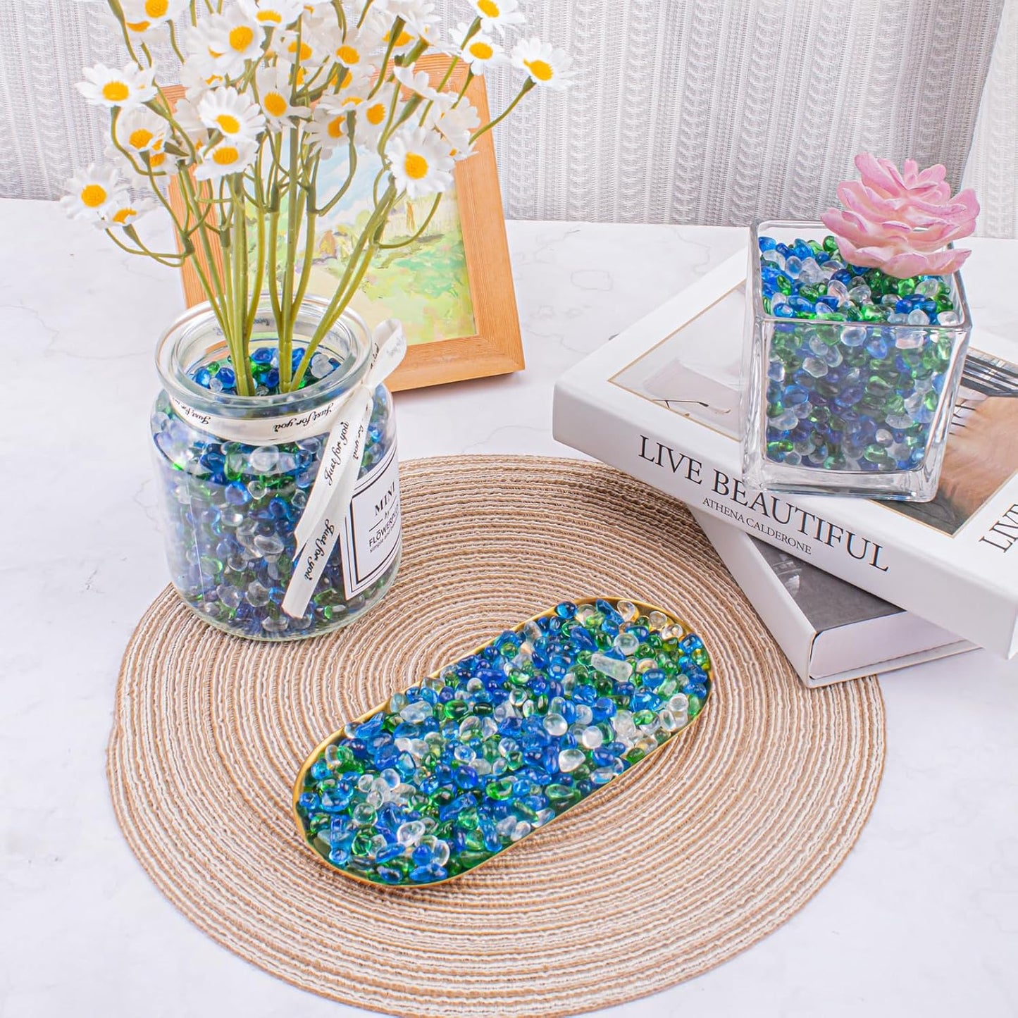 Keedolla Aquarium Glass Pebbles Stones Fish Tank Rocks Gravel, Green Mix Glass Gemstones Fish Bowl Rocks for Vase Fillers, DIY Crafts, Home Decor - 15 Oz, 6-9mm