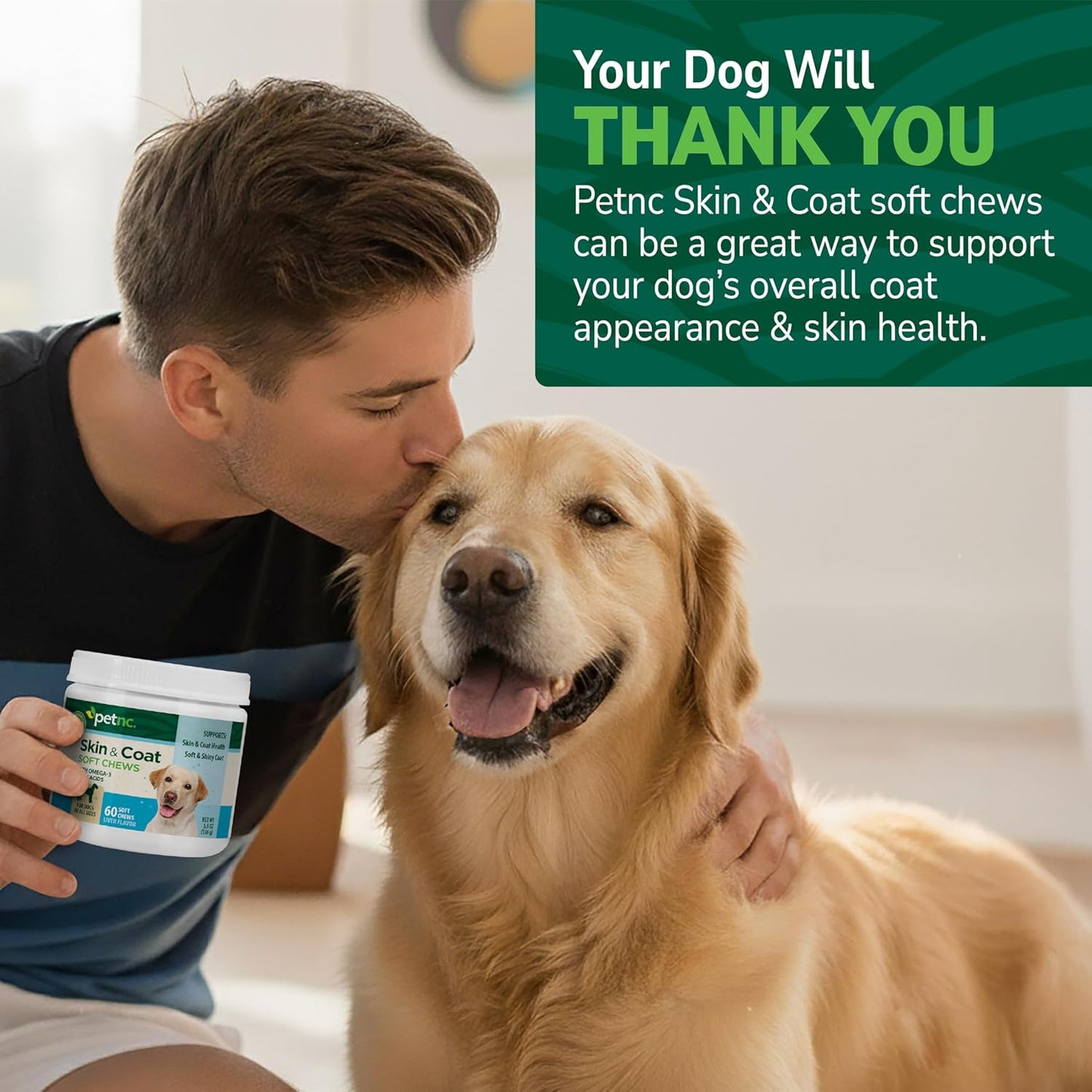 Petnc Natural Care Dog Skin and Coat Supplement (60 Chewables), With Omega 3, EPA & DHA, Promotes Healthy Skin & Glossy Coat, For Dogs 18 Weeks & Older, Liver Flavor