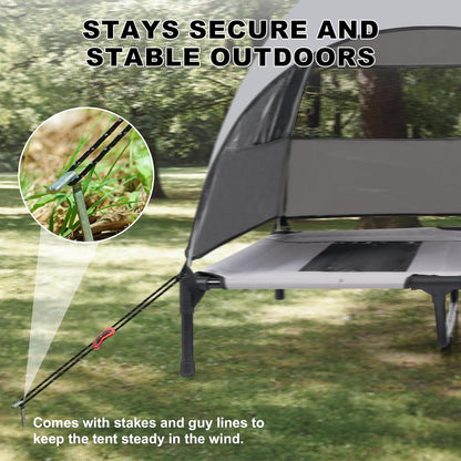 Medium Outdoor Dog Bed with UV Canopy, Elevated Pet Cot for Dogs up to 78 Lbs, Waterproof and Scratch-Resistant Raised Dog Tent with Breathable Mesh for Backyard, Patio, Camping or Indoor Use