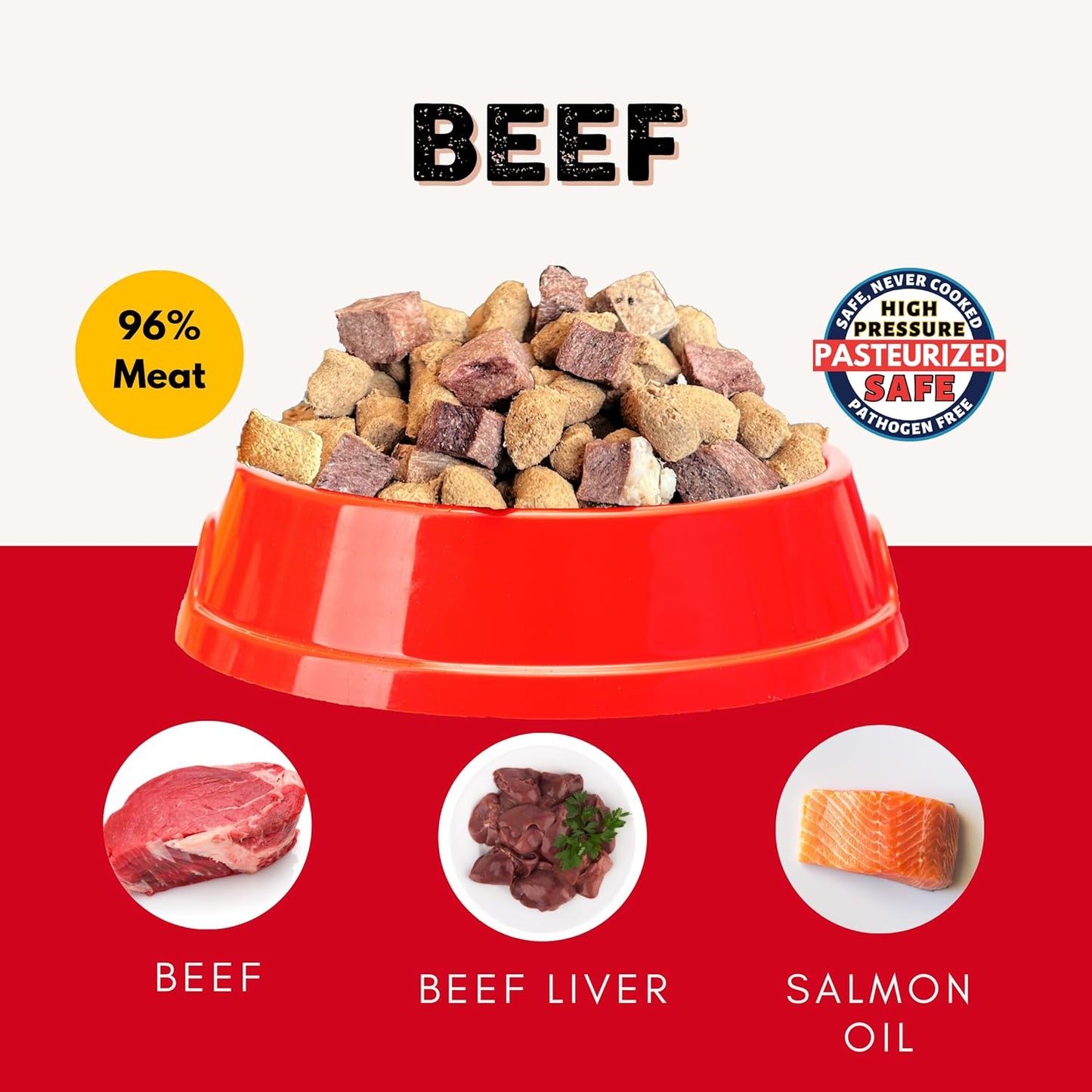 Nature's Diet® Ready Raw® Freeze-Dried Raw Dog Food, Beef, Human Grade, High Pressure Pasteurized (HPP), 96% Meat, Organ, Bone, Safe & Natural, Dry or Wet Feeding