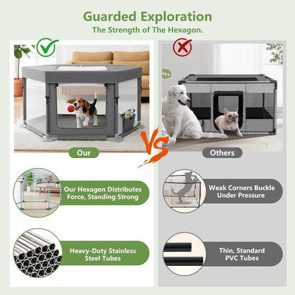 Dog Play Pen Indoors, Puppy Playpen with Cover for Small Dogs & Cats, Puppy Playpen with Gate, Indoor & Outdoor Dog Fence with Thickened Fabric