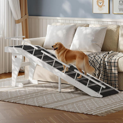 HOOBRO Dog Ramp for Bed, Large Wooden Pet Ramp for Dogs with Non-Slip Carpet Surface, Safety Rails, and Top Platform, 70.9" x 15.7" x 23.6", White and Black BW18PT03G1
