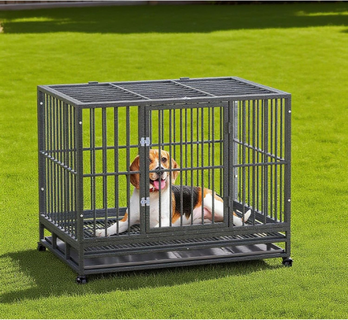 Heavy Duty Dog Crate Metal Cage Kennel Grey Easy Transport Secure Enclosure Pet Safety