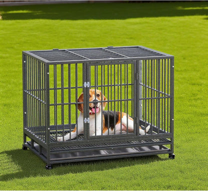 Heavy Duty Dog Crate Metal Cage Kennel Grey Easy Transport Secure Enclosure Pet Safety