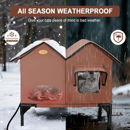 Heated Cat House for Outside in Winter Insulated Elevated Outdoor Cat House Weatherproof, Escape Door, Large Feral Cat Shelter Heated Bed for 2~3 Cats Stray Barn Kitty, Easy Assembly