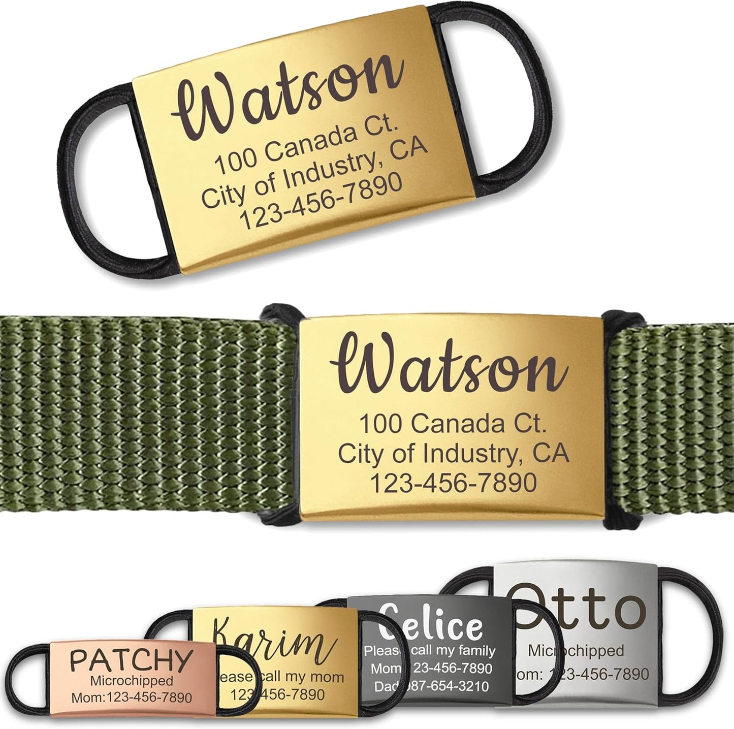 Anavia Slide On Silent Pet ID Tags, S/M/L/XL Personalized Stainless Steel Cat Dog Tag with Elastic Fabric Band, Engraved Nameplate Quiet Chew-Proof Pet Collar Tag (Gold, Large)