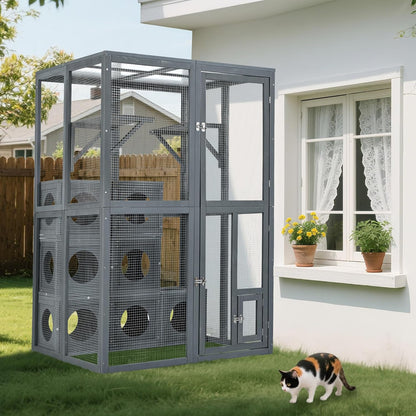 Outdoor Cat House,69" Catio Outdoor Cat Enclosure W/ 7 Freely Combination Wood Boxes & Climbing Shelves,Wooden Walk in Cat Cage W/ 2 Platforms & Double Enter Doors,for Multiple Cats,Gray