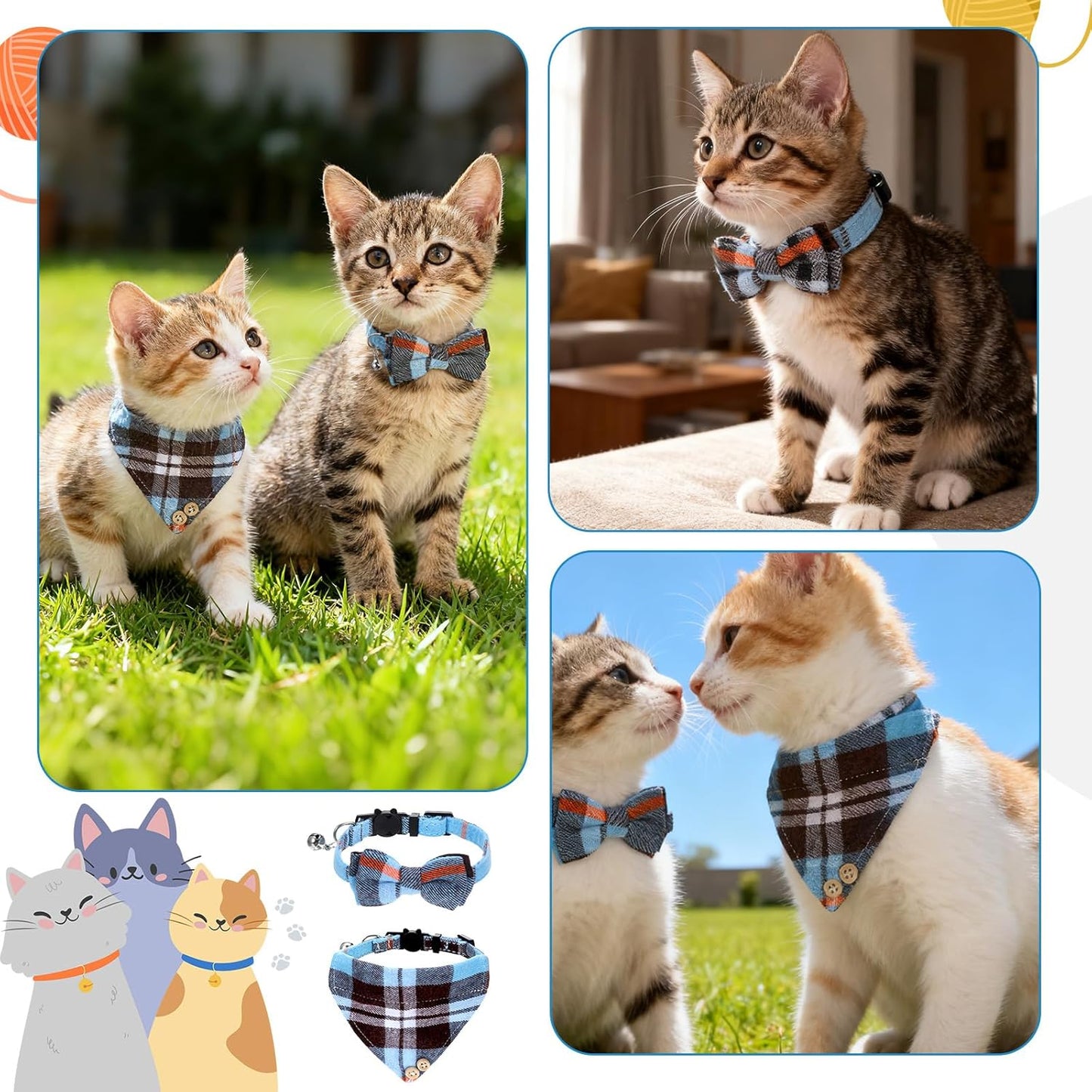 2 Pcs Cat Bandana, Cat Tie Collar with Bells Breakaway Kitten Collars Adjustable Safety Pet Collars for Cats Puppy and Small Pets