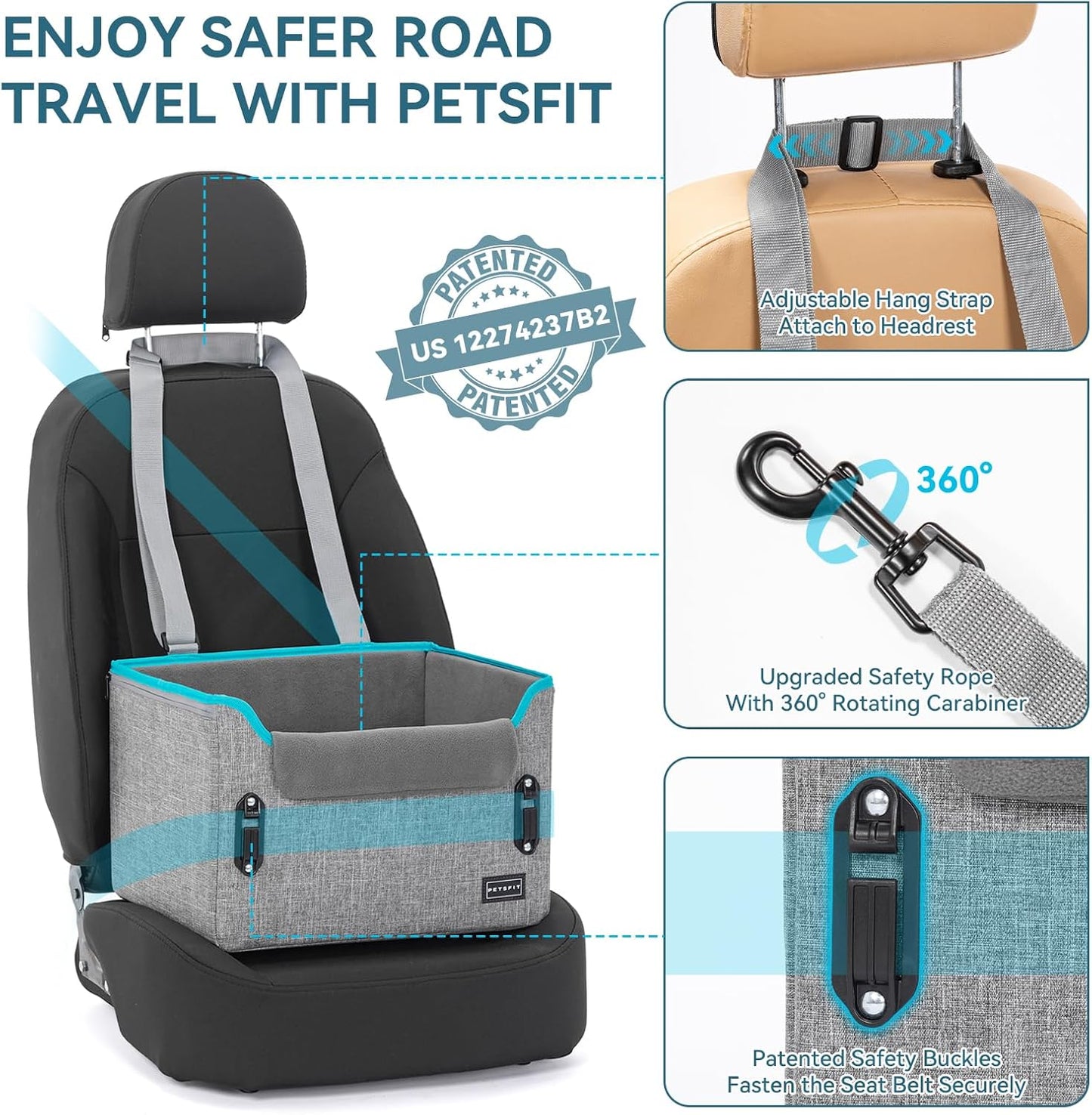 PETSFIT Dog Car Seats for Small Dogs, Patent Safe Buckles Dog Booster Car Seat, Cat Cars Seat with Safety Belt, Suitable for Small Pets Up to 25lbs (Grey)