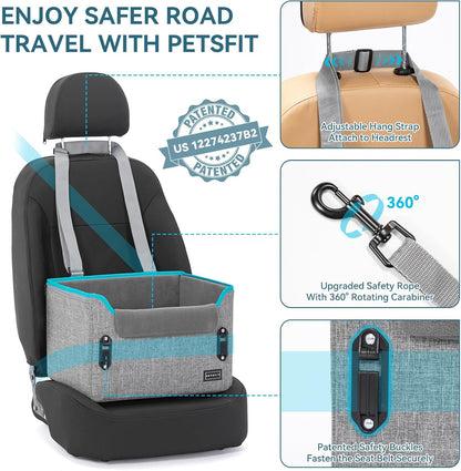 PETSFIT Dog Car Seats for Small Dogs, Patent Safe Buckles Dog Booster Car Seat, Cat Cars Seat with Safety Belt, Suitable for Small Pets Up to 25lbs (Grey)