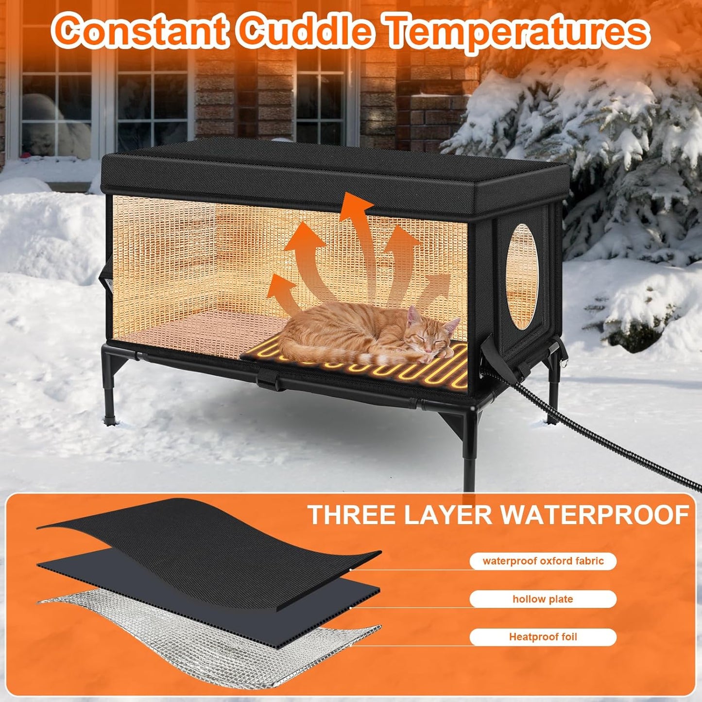 Heated Outdoor Cat House Weatherproof with Heating Pad, Heated Cats House for Outside, Insulated Feral Cat Houses for Outdoor Cats with Safe Escape Door, Elevated Outside Stray Cats Shelter(L)