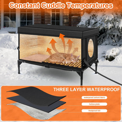Heated Outdoor Cat House Weatherproof with Heating Pad, Heated Cats House for Outside, Insulated Feral Cat Houses for Outdoor Cats with Safe Escape Door, Elevated Outside Stray Cats Shelter(L)