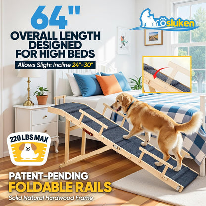 Dog Ramp for Bed with Rails, 64" Long Foldable Pet Ramp for Small Large Dogs, Dog Ramps for High Beds with Safety Side Railng, 6 Adjustable Heights 24" to 30" Up to 220LBS (Gray, 64" X 17inch)
