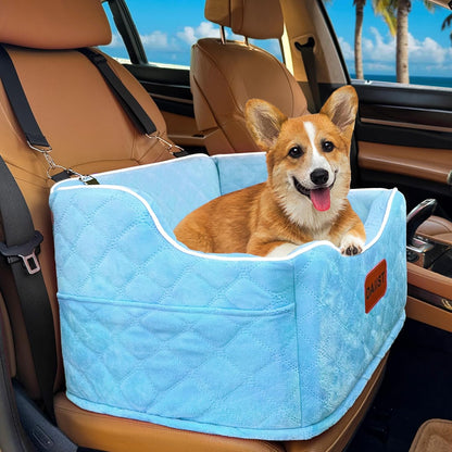 Dog Car Seat for Small Medium Dogs, Detachable Washable Dogs Booster Seat Under 35lbs, Elevated Dog Car Bed with Storage Pockets (Blue, One Size)