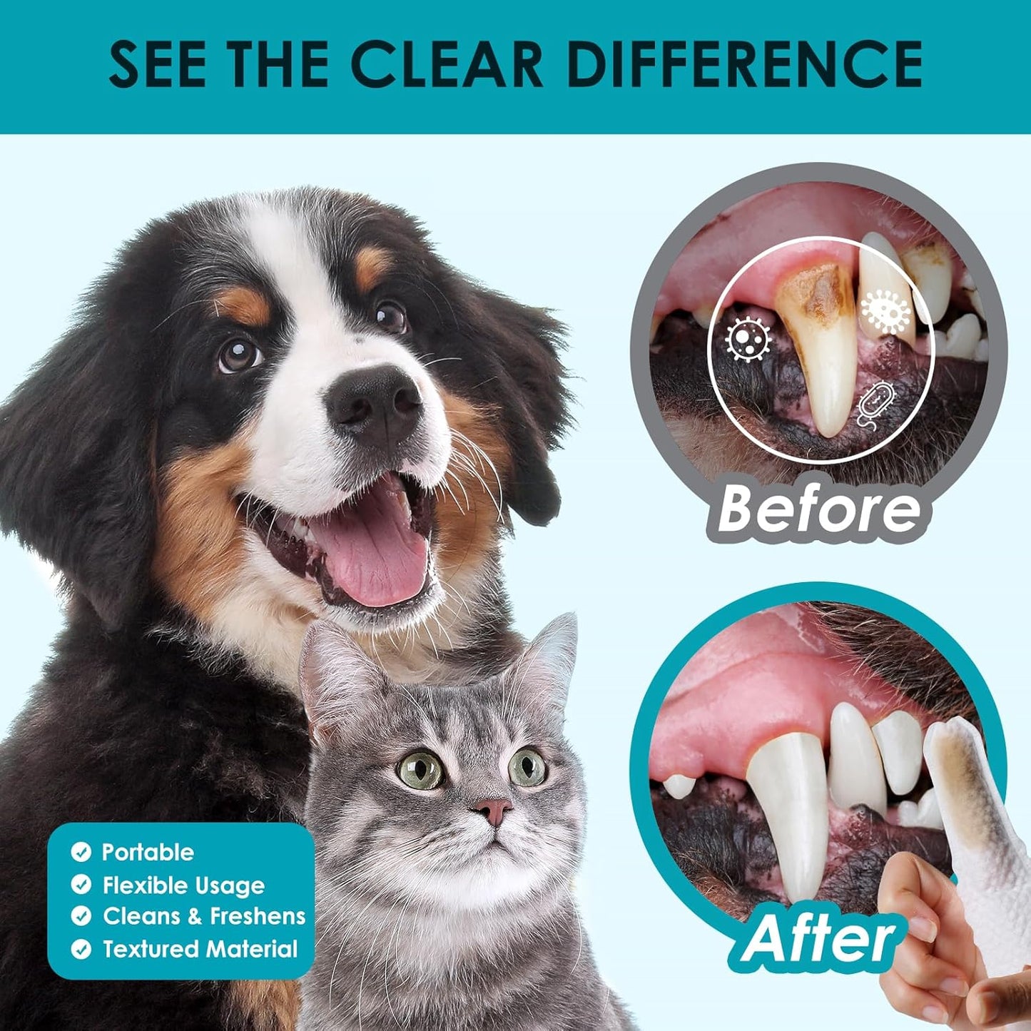 Dog Teeth Cleaning Wipes - Dental Wipes for Dogs Teeth & Cat Dental Care, Pet Teeth Cleaning Finger Wipes to Remove Plaque & Tartar for Fresh Breath (50 PCS)