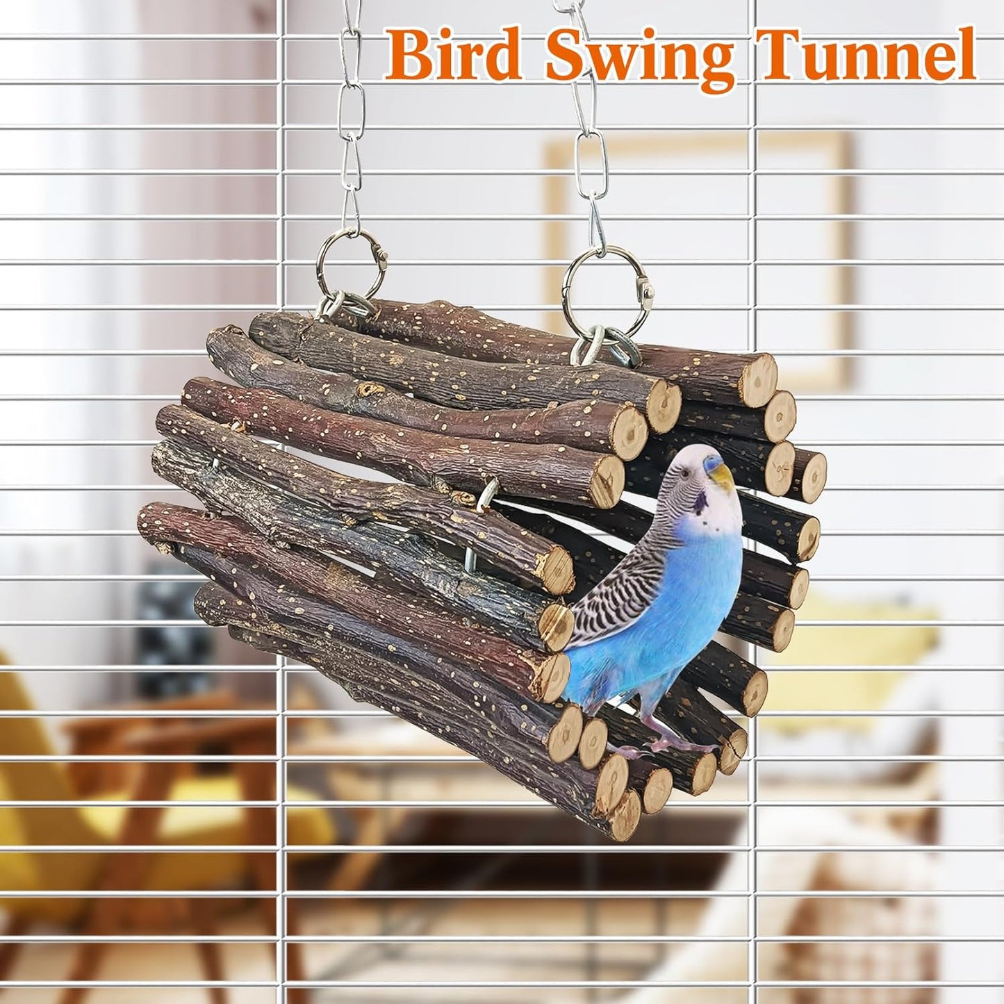 BNOSDM Wooden Bird Tunnel Parrot Swing Toys Natural Hanging Nest and 2 Pack Bird Perch Platform Stainless Steel Parrot Perches for Parakeets, Budgies, Conures, Cockatiels, Lovebirds