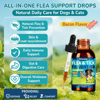 4-IN-1 Flea and Tick Prevention Drops for Dogs and Cats, Natural Cat & Dog Flea and Tick Treatment, Supports Flea Defense, Gut Health, Skin & Coat Nourishment, and Immune Support, Bacon Flavor