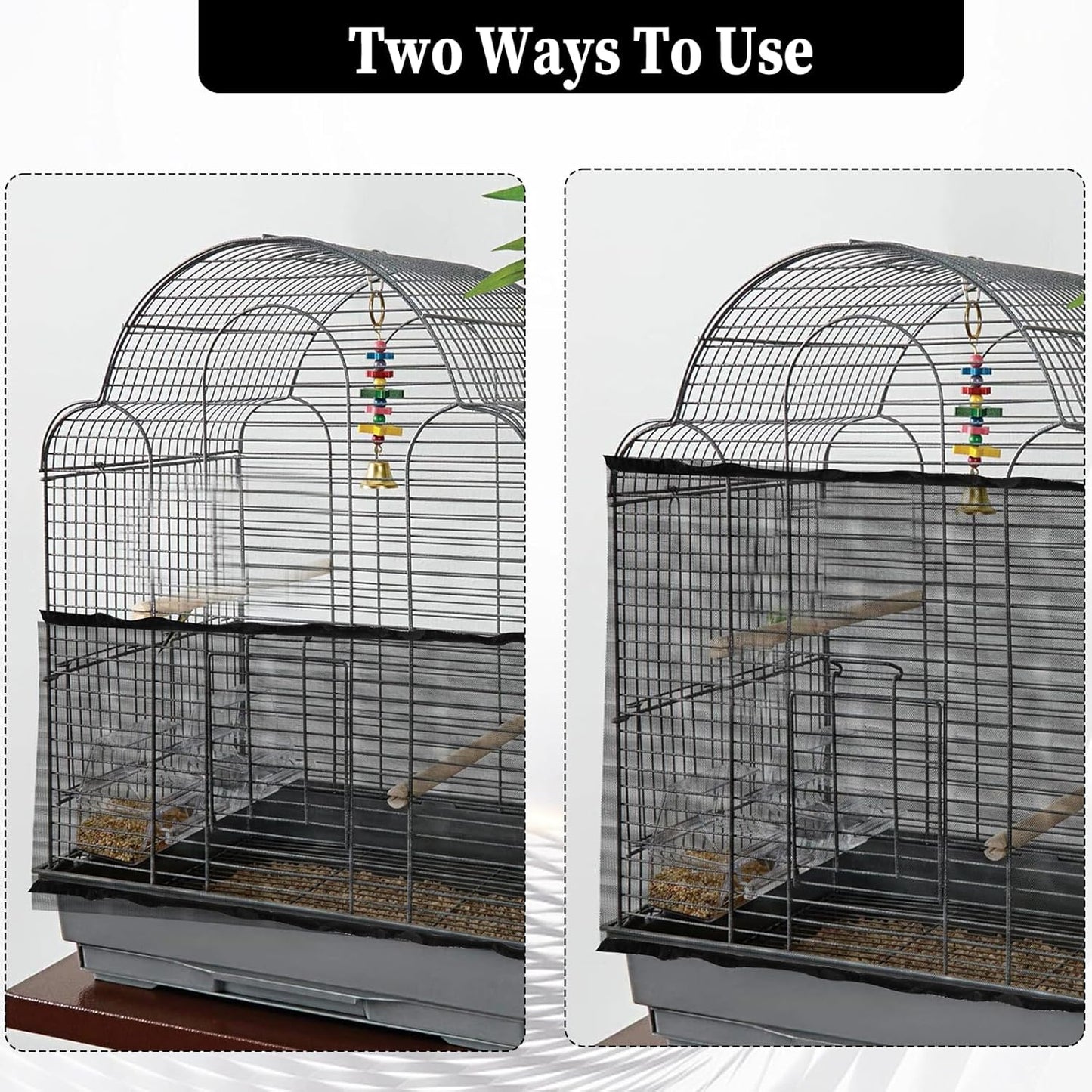 2PCS Adjustable Bird Cage Cover, Bird Cage Seed Catcher, Large Birdcage Cover, Airy Nylon Guard Net for Parrot Parakeet Macaw Round Square Cages (Black, White)