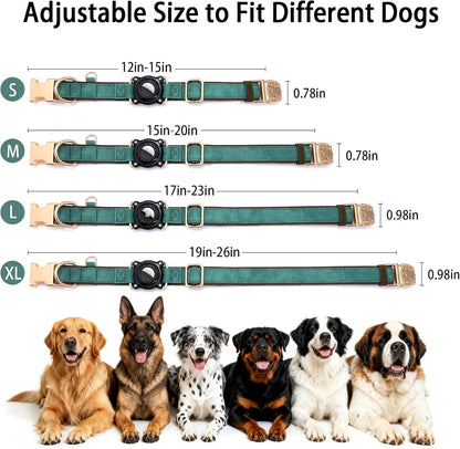 Airtag Dog Collar - Leather Dog Collar with Airtag Holder, IP 68 Waterproof Air Tag Dog Collar, Quick Release Dog Collar Metal Buckle for Large Medium Small Dogs (Green, S, 12.75"–14.75")