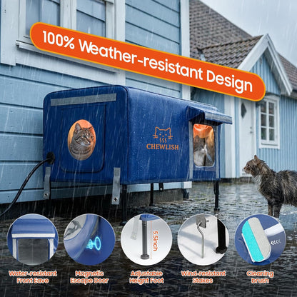 Outdoor Heated Cat House for Outside Cats Winter, 25'' Exceptional Thermal and Weatherproof, Outdoor Feral Cat Shelter with Waterproof Eaves & Magnetic Escape Door for Feral Barn Cat Kitty (Dark blue)