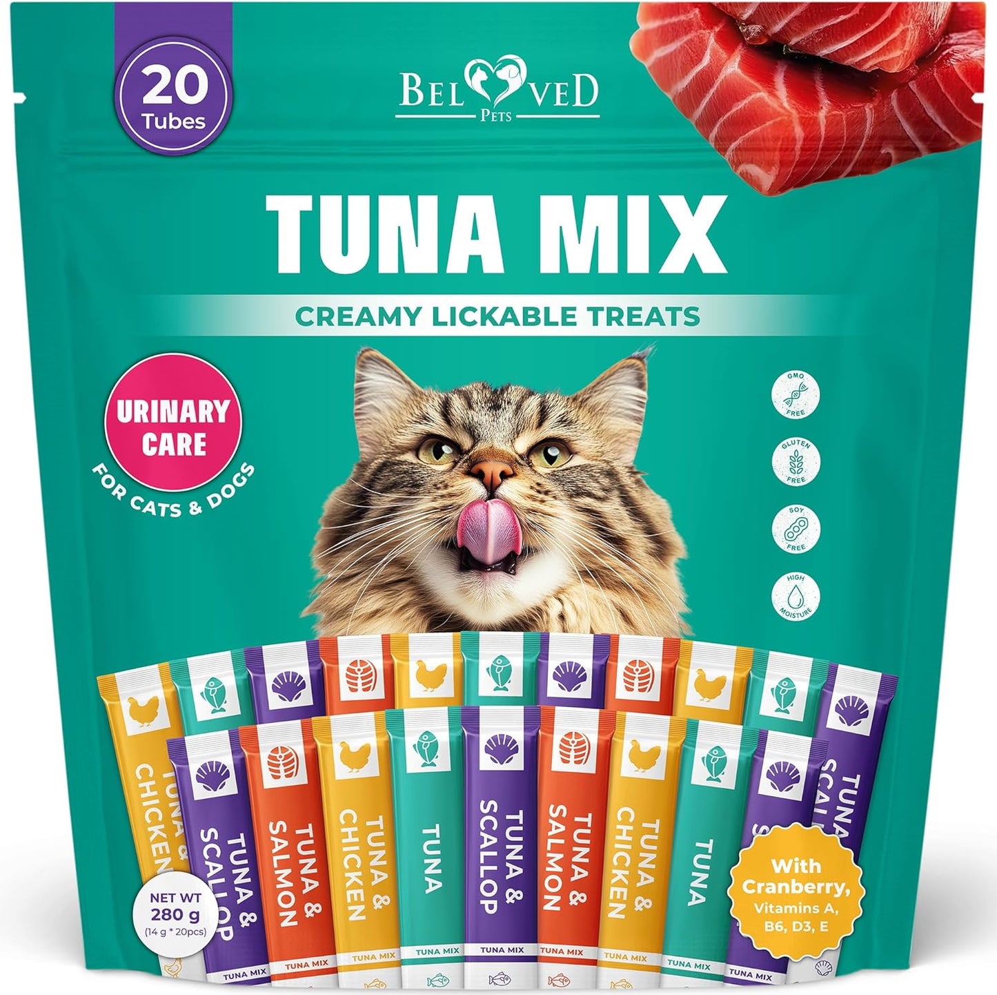 Beloved Pets Creamy Lickable Cat Treats & Wet Food Squeeze Tubes – Liquid Kitten Snacks, Urinary Tract Care, Multivitamin Treats for Cats, & Small Dogs, Lick Up 20 Sticks Tuna Mix