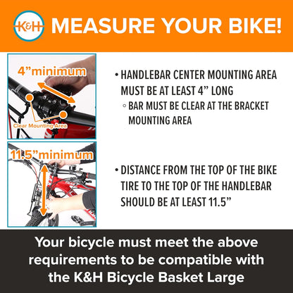 K&H Pet Products Bike Basket Front Dog Carrier, Universal Fit Cat Dog Pet Bike Basket with Front Bicycle Mount Included, Washable Liner, Strong Metal Basket, 2 Safety Leashes - Large 16 X 12 X 10in