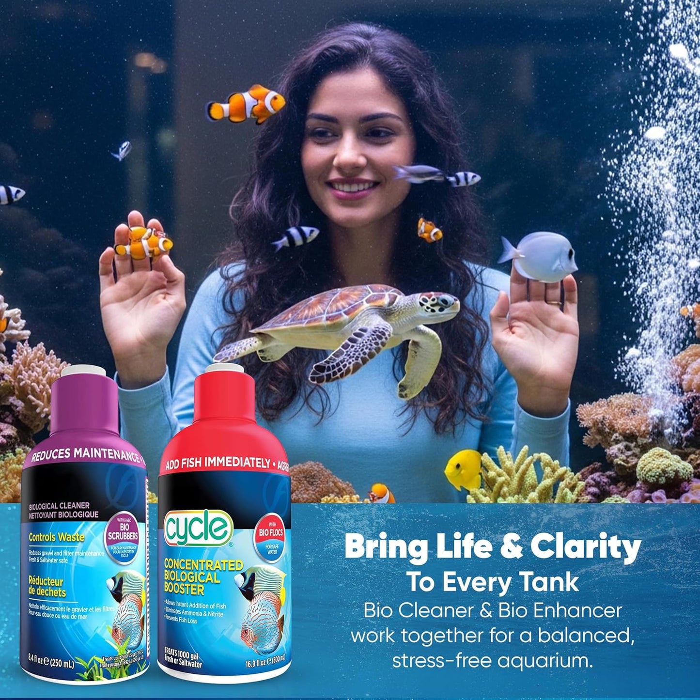 Aquarium Water Conditioner Bundle–Biological Enhancer & Waste Control Cleaner, 8.4 Oz Each | Aquarium Water Treatment, Water Conditioner & Bacteria Starter for Clear, Healthy Aquarium