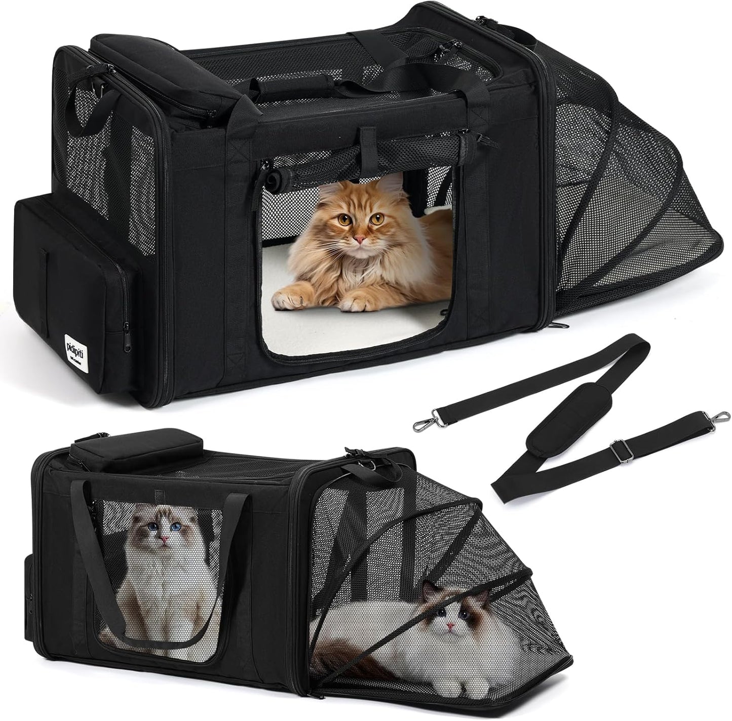25''(L) x 17''(W) x 17''(H) Extra-Large Expandable cat Carrier for Long Distance car Travel,for 1 Extra-Large cat / 2 Large Cats / 3 Small-Medium Cats up to 35 lbs(Black)