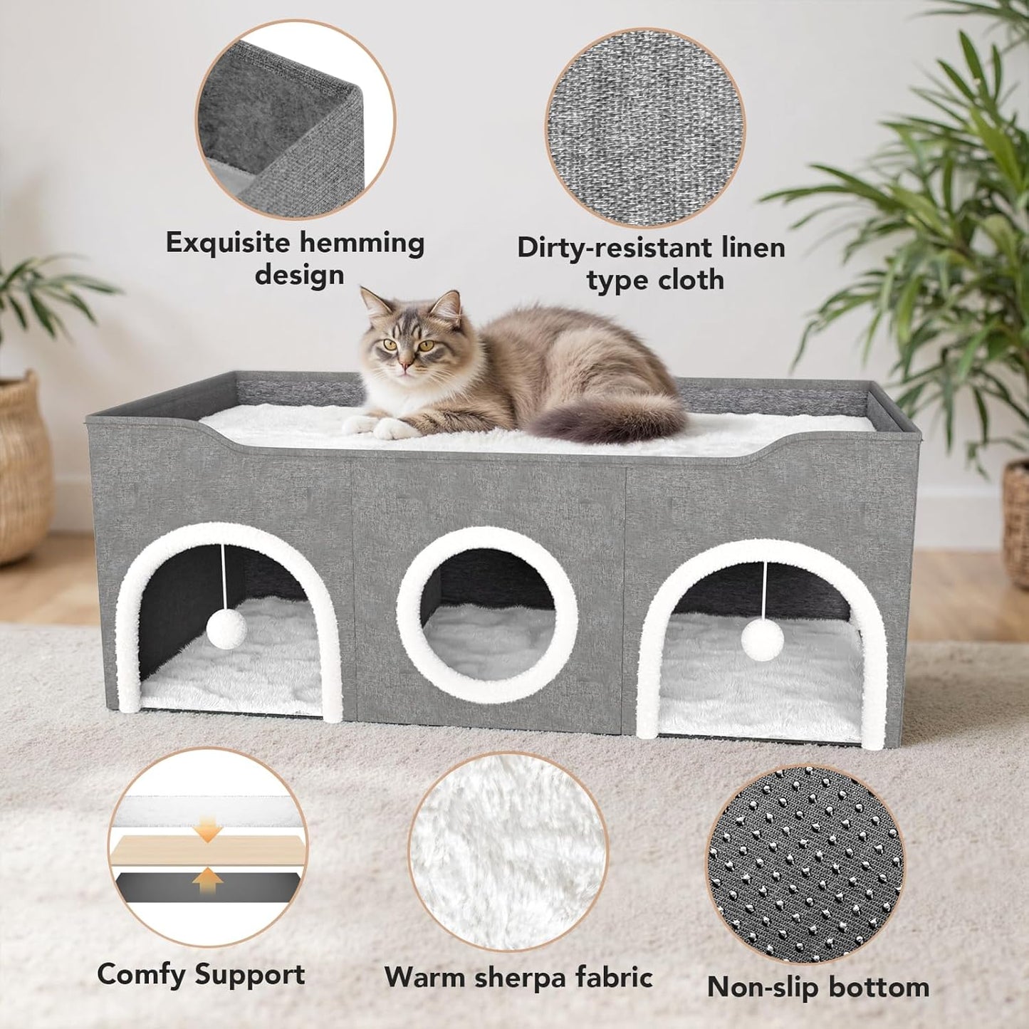 All-in-1 Extra Wide Cat House,Top Bed Three Rooms Cat Condos,Cat Beds for Indoor Cats,Multi Cats Puppy Family with Fluffy Ball Hanging and Scratch Pad, Foldable Hideaway