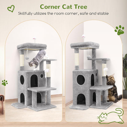 Globlazer Cat Tree Tower for Indoor Cats, 50-inch Adult Cat Tree House for Large Adult Cats with Steps, Scratching Post, 2 Cat Caves, Dangling Toys, FC50, Light Grey