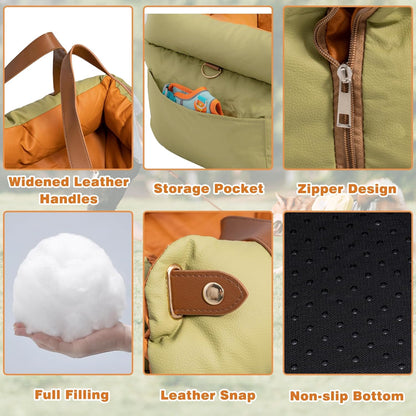 Dog Car Seat for Small & Medium Dogs, Waterproof Soft Leather Dog Car Bed with Harness Clip, Travel Bed & Carrier Bag for Pets, Fits Pets Up to 35 lbs (Green, Small & Medium)