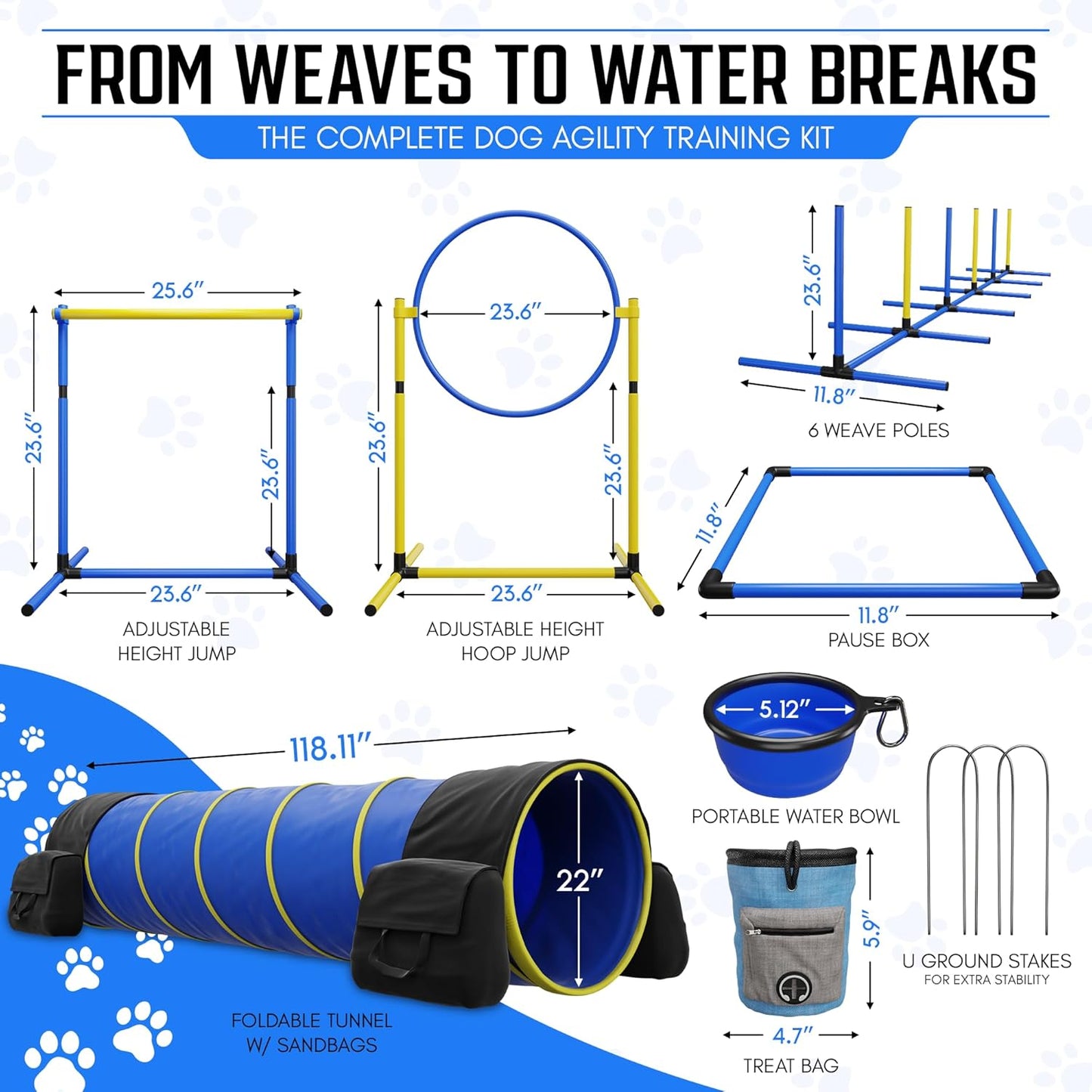 Dog Agility Equipment – Portable Backyard Agility Course with 9ft Dog Tunnel, Weave Poles, Hoop Jumps, Collapsible Water Bowl & More – Dog Training Kit for Indoor & Outdoor