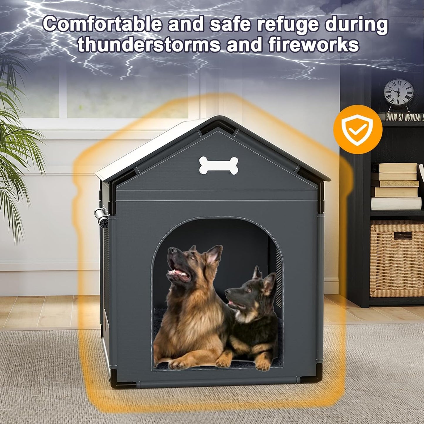 Extra Large Dog House Indoor with Plush Cushion, Dog Kennel for Inside with Sturdy Frame, Waterproof Pet House Suitable for Medium Large Dogs, 34x27x34in, Gray