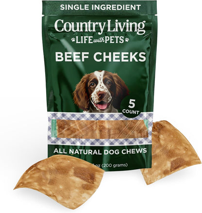 Country Living 4” x 4” Beef Cheek Chip Dog Treats – Chicken Flavor – 5 Count Bag – All-Natural, High-Protein, Long-Lasting Dog Chews
